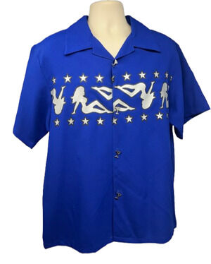 Casino Wear LA Vintage Blue Button Up Camp Shirt XL Pinup Stars Martini Glasses